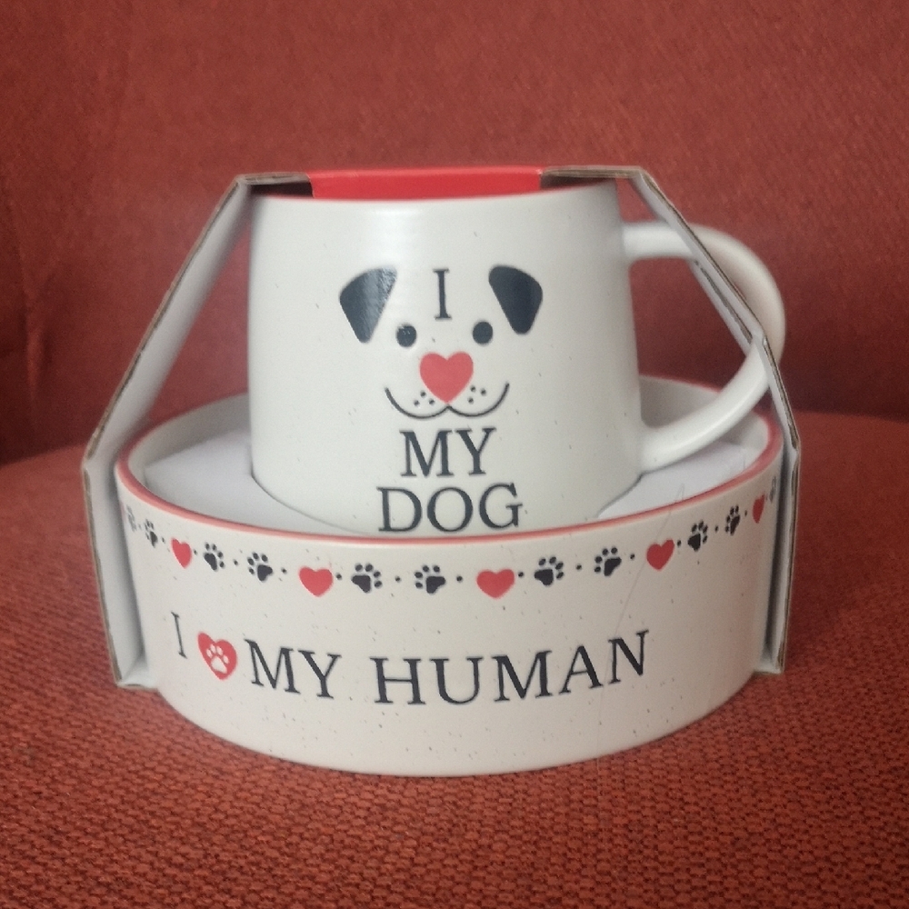 NWT Ceramic I Love My Human Dog Bowl & I Love My Dog Mug Set - White & Red